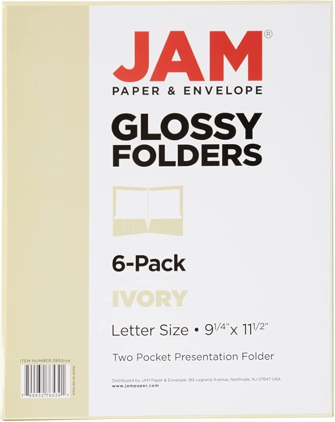 JAM PAPER Laminated Two Pocket Glossy School Folders - Letter Size - High Gloss Ivory - 6/Pack