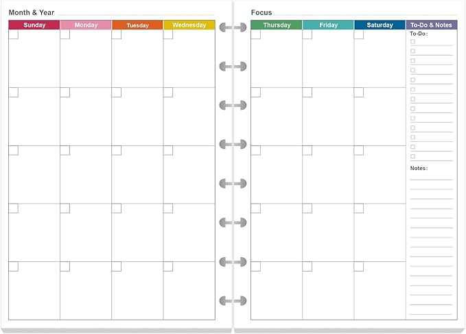 Junior Size Monthly Planner Refills - 53 Sheets/106 Pages Undated Colorful Monthly Planner, 8-Disc Discbound, 100 gsm White Paper, Lasts 2 Year, Undated, 5.8" x 8.3"