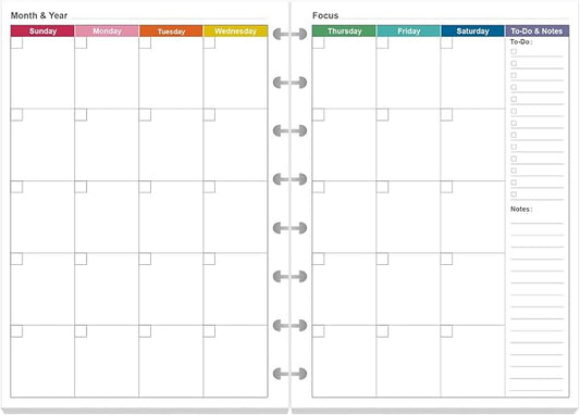 Junior Size Monthly Planner Refills - 53 Sheets/106 Pages Undated Colorful Monthly Planner, 8-Disc Discbound, 100 gsm White Paper, Lasts 2 Year, Undated, 5.8" x 8.3"