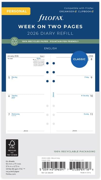 Filofax Calendar Diary Refill, Personal/Compact Size, Week-to-View, White Paper, Unruled, English, 2026 (C68421R-26)