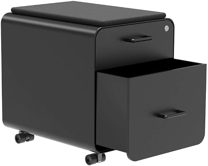Monoprice Round Corner 2-Drawer File Cabinet - Black, Lockable with Seat Cushion - Workstream Collection (137880)