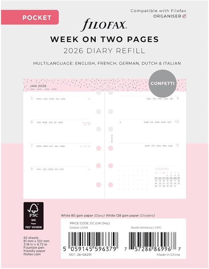 Filofax Calendar Diary Refill, Pocket Size, Week-to-View, Confetti Minimal Diary Pack, Multilingual: Five Languages, 2026 (C68291-26)