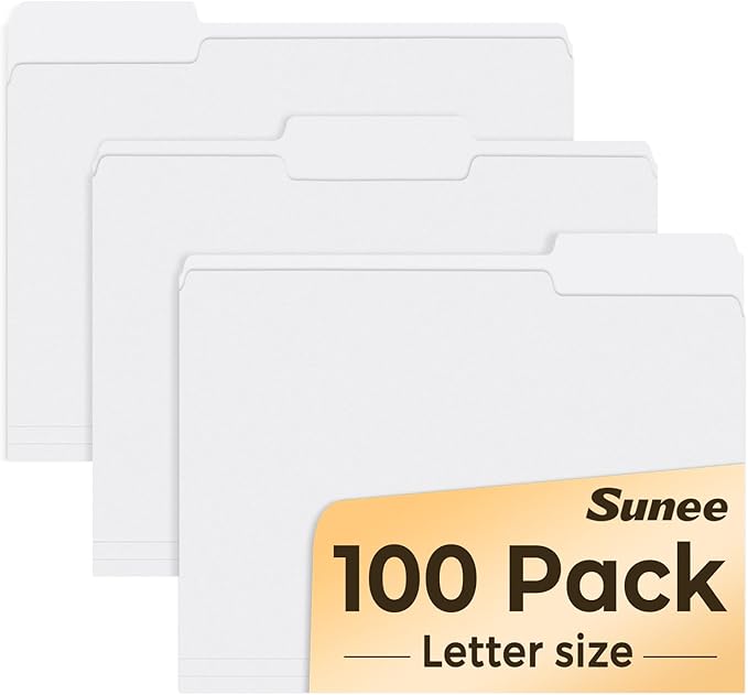 SUNEE File Folders Letter Size White, 100 Pack Manilla Folders 8.5 x 11 1/3-Cut Tabs, Colored File Folders Office Home School for Documents Files Paper