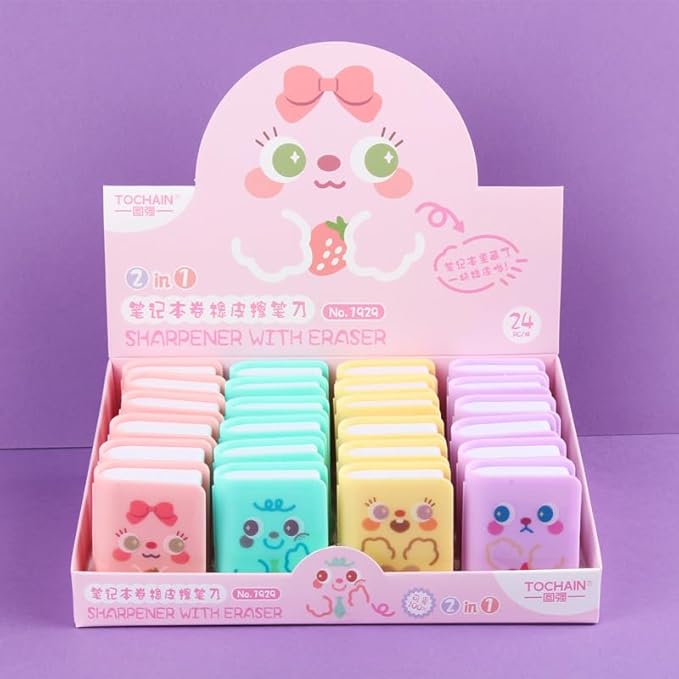 4pcs Multicolour Cute Dual Purpose Book Pencil Sharpener Eraser, Cute Cartoon Student Eraser Pencil Cute,Office and School Supplies