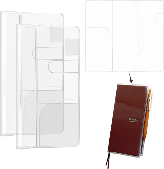 Clear Cover for Hobonichi Weeks 2026, 2 Pack Crystal Clear PVC Weeks Planner Cover with Pen Loop & Card Pockets, Protective Sleeve for Standard Weeks Book ﻿