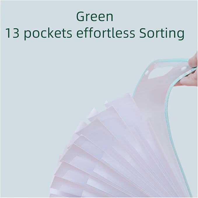 Translucent Vertical Accordion File Folder,13 Pockets Expanding File Organize with Labels,A4 Letter Size Document Receipt Organizer Accordion Filing Folder for School, Home,Office.(Green)