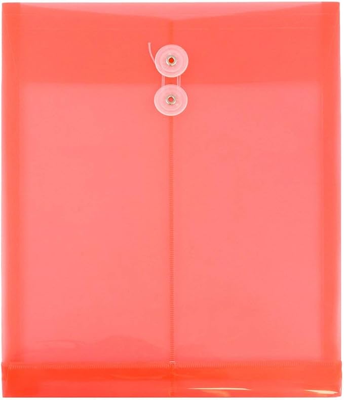 JAM PAPER Plastic Envelopes with Button & String Tie Closure - Letter Open End - 9 3/4 x 11 3/4 - Red - 12/Pack