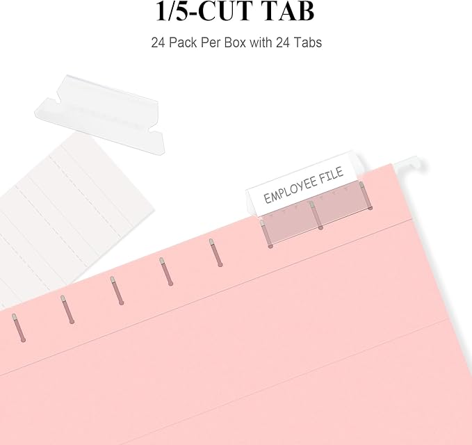 ViVin Hanging File Folders 24 Pack,Letter Size with 1/5-Cut Adjustable Tabs, Pink, Reinforced File Organizer for Office Desk, Home Filing Cabinet & School Drawer
