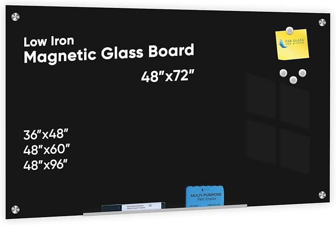 Clear Glass Dry Erase Board for Office & Home, Frameless Black Surface Glass Board 48"x72" Include Markers, Magnets with Eraser by Fab Glass and Mirror