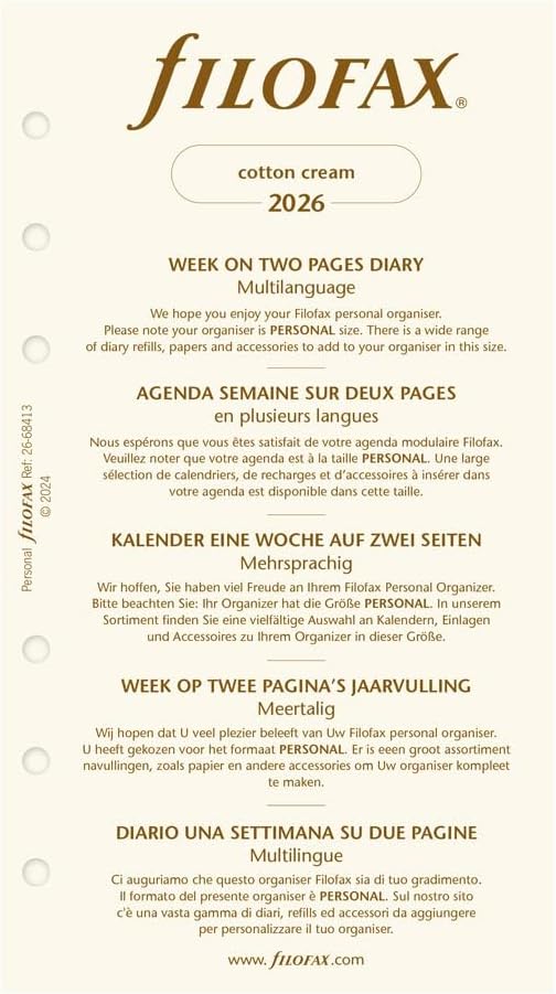 Filofax Calendar Diary Refill, Personal/Compact Size, Week-to-View, Cotton Cream Paper, Unruled, Multilingual: Five Languages, 2026 (C68413-26)