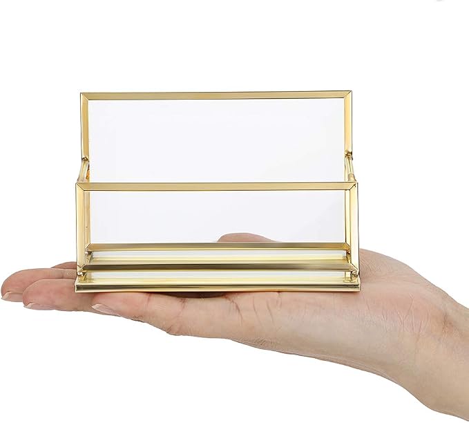 Hipiwe Glass Business Card Holder Stand - Vintage Gold Metal Name Card Display Stand Office Desktop Countertop Business Card Organizer