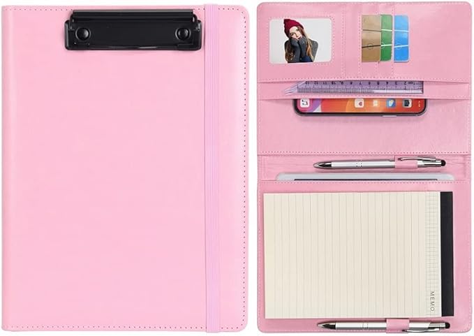 Wonderpool A5 PU Leather Clipboard Partfolio Recipe Binder Notepad Forms Holders Document Case - Interview Planner Meeting Writing Padfolio File for Office Travel School Hotel Restaurant (A5,Pink)