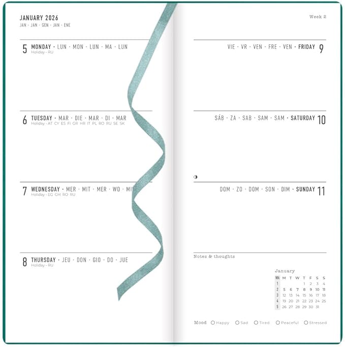 Letts of London® 2026 Woodland Weekly/Monthly Planner, 12 Months, January to December, Slim Pocket Size, 6.625" x 3.25", Sewn Binding, Embossed Cover, Multilingual, Green (C082545-26)