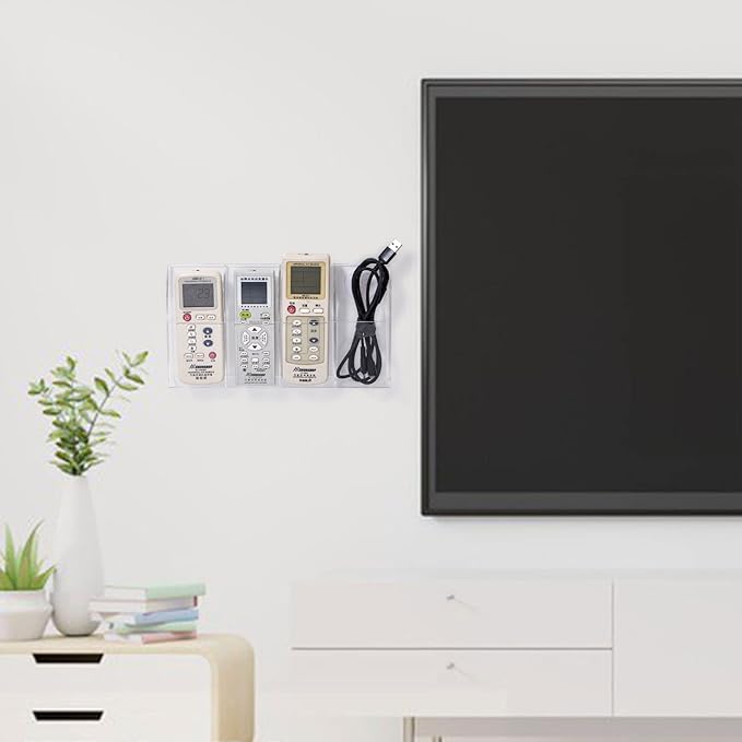 Yeeco Acrylic Remote Holder Wall Mount - 4 Compartment, Clear Acrylic Remote Control Holder, 10.4''1.6''5.6'' Wall Pen Holder, Pen & Makeup Key Organizer