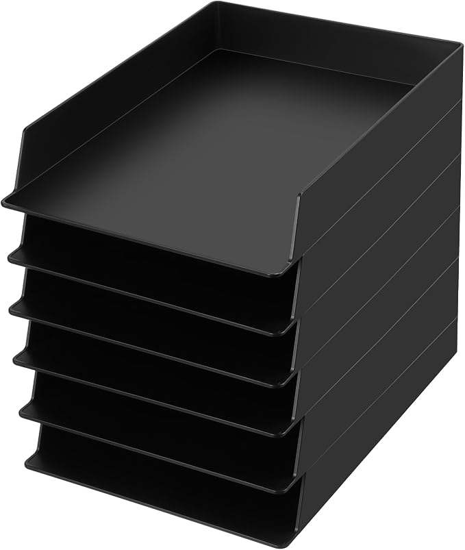 Wenqik 6 Pcs Stackable Paper Trays Rectangular Plastic Desk Holder Desktop Document File Organizer Storage Letter for Office Classroom (Black)