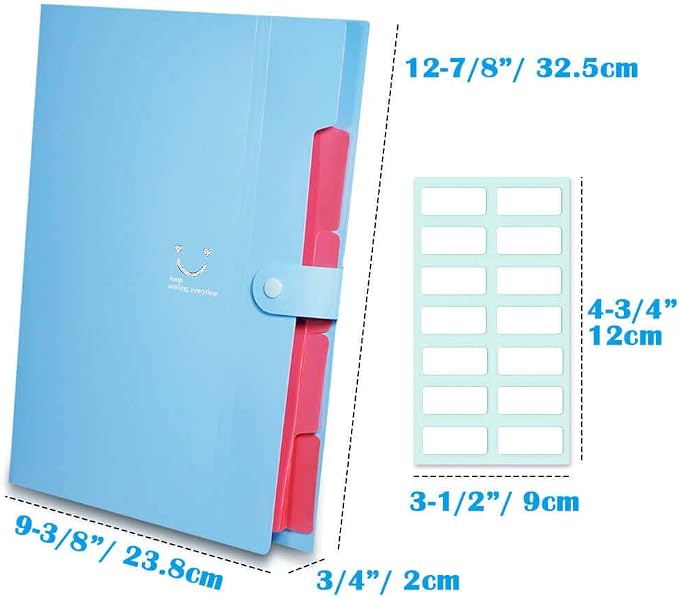 Selizo 6 Pcs Expanding File Folder with 5 Pockets Organizer Plastic A4 Size and 168 Pcs File Folder Labels for School Teacher and Office