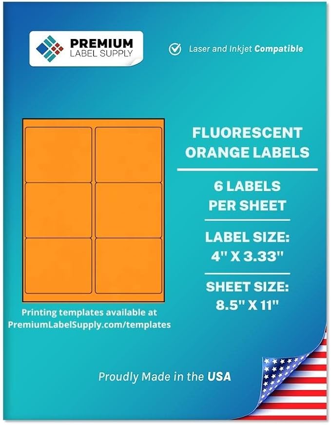 Premium Label Supply Bright Neon Color Fluorescent Stickers - 4" x 3.33" Labels - (Fluorescent Orange, 150 Labels)