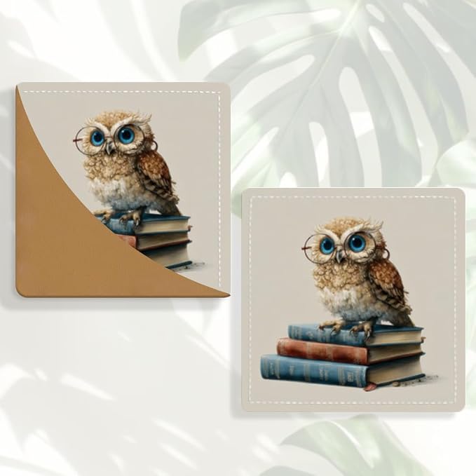 2PCS PU Leather Bookmarks 3.5x3.5 Inch Owl Glasses Book Design | PU leather bookmarks with owl glasses book design for novels, notebooks, class notes, students, teachers and book lovers