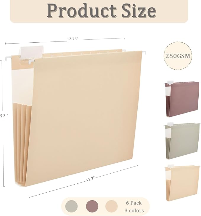 6 Pack Extra Capacity Hanging File Folders Letter Size, Reinforced Expandable Folders with 1/5-Cut Tabs for Filing Cabinets, Durable Office & Home Organizer, Earthy Colors