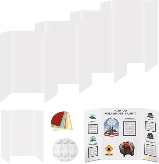 Rsgift 4 Pcs Small Tri-fold Poster Boards with Double Sided Tapes and Cardboard,21.2x13.8 inches,Corrugated Presentation Boards, Display Boards for School Project,Exhibitions,Business Presentation