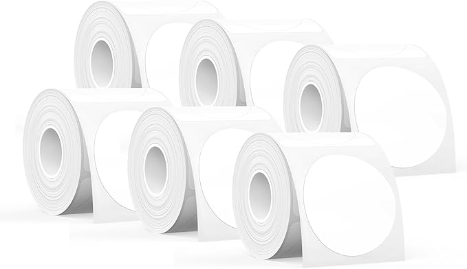 SUPVAN T50M Series Label Maker Tape, 6 Rolls Round Size Φ 2'' 140 Labels/Roll Genuine Laminated Thermal Label Tape Refill, Waterproof Oilproof Highly Adhesive Auto Detect Labels, Black on White