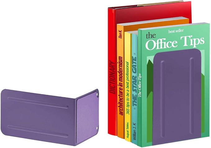 Acrimet Bookends for Shelves, Non-Skid Book Holder, Heavy Duty Book Stopper, Steel Metal Book Ends Storage for Home, Library, 6 7/8" H x 4" W x 4 1/2" D (Purple) (1 Pair / 2 Pieces)