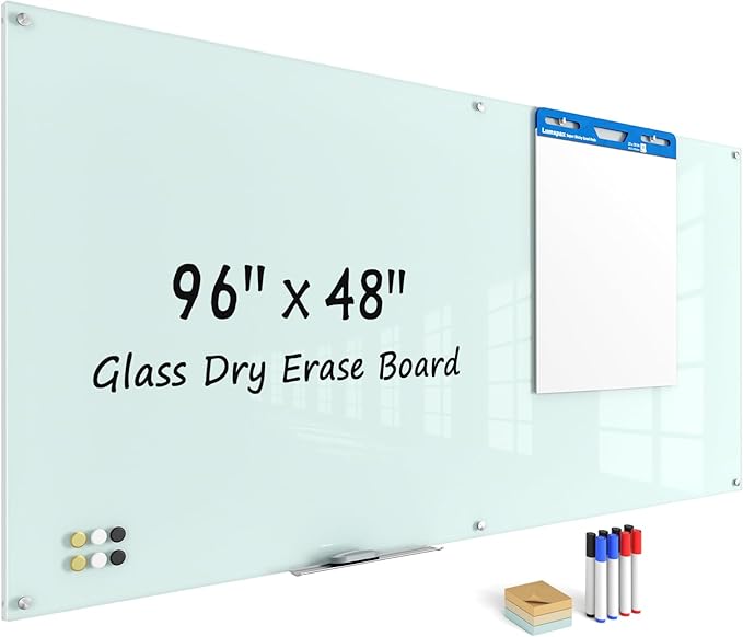 0.4mm Reinforced Metal Backing Glass White Board for Wall, 96" x 48" Extra Large Magnetic Tempered Glass Dry Erase Board with Frameless Design, 8' x 4' Glass Board for Home, Office, School