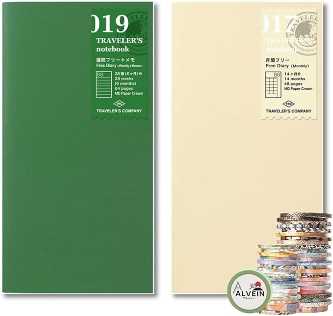 Traveler's Notebook Refill Set – 017 Monthly + 019 Weekly Memo + Bonus Random Washi Tape (3 Roll) – Undated Planner Inserts, Journal Gift Idea