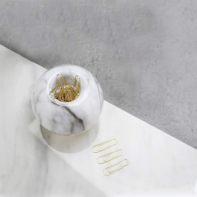 MultiBey NE-Clip-Marble-Round Paper Clips in Elegant Magnetic Marble White Clip Holder, 28mm, Gold, 100 Clips Per Box