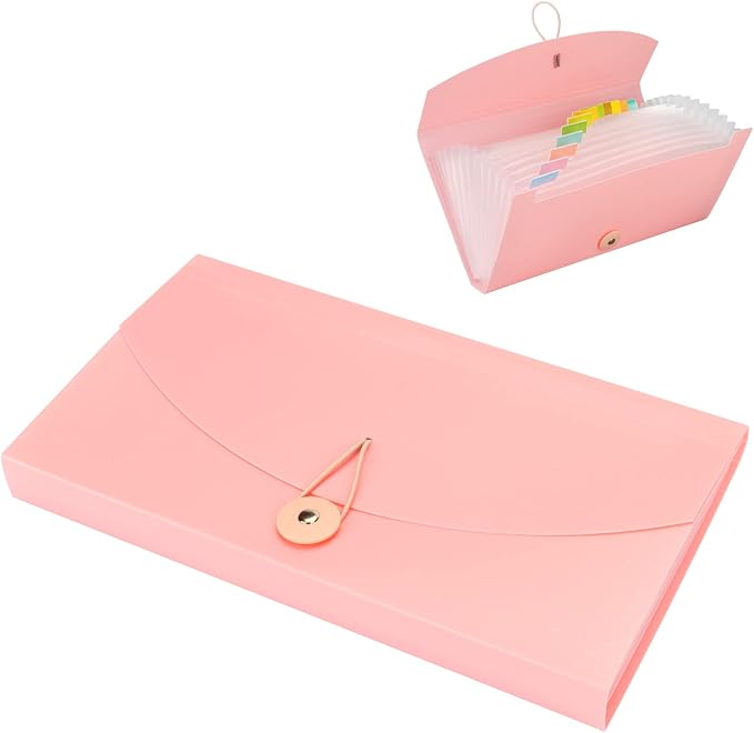 Oak-Pine 13 Pocket Receipt Folder/Accordion File Organizer/Plastic Check Bill File Folder/Expanding File Folder/Expanding Coupon Organizer with Labels/Document Organizer Folder (Pink)