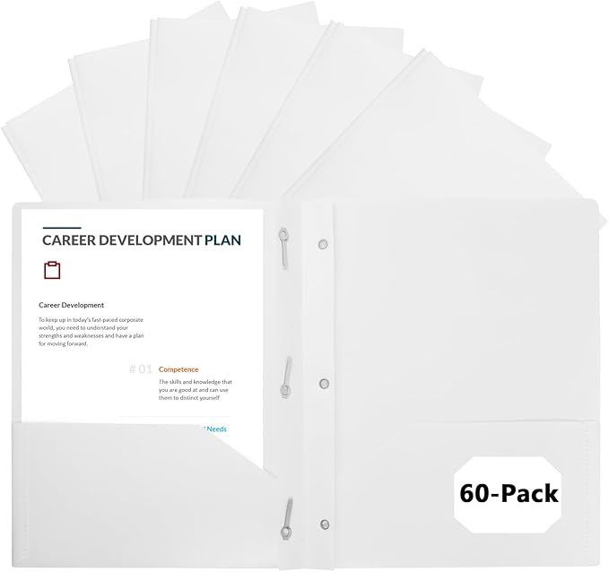 60-Pack Plastic Folders with Pockets and Prongs, 2-Pocket Poly Folders with 3 Fasteners Holds 8-1/2" x 11" Paper for School/Office/Home, White