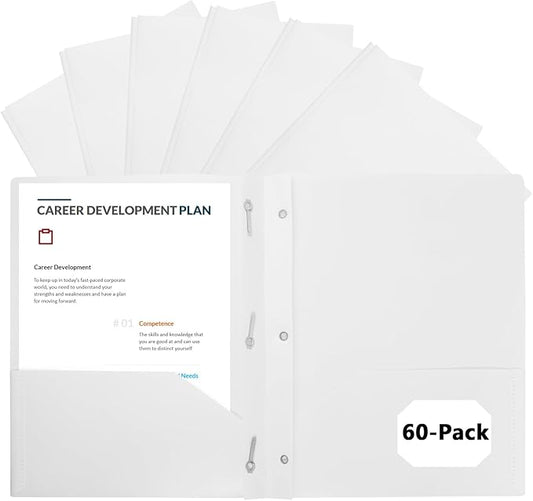 60-Pack Plastic Folders with Pockets and Prongs, 2-Pocket Poly Folders with 3 Fasteners Holds 8-1/2" x 11" Paper for School/Office/Home, White