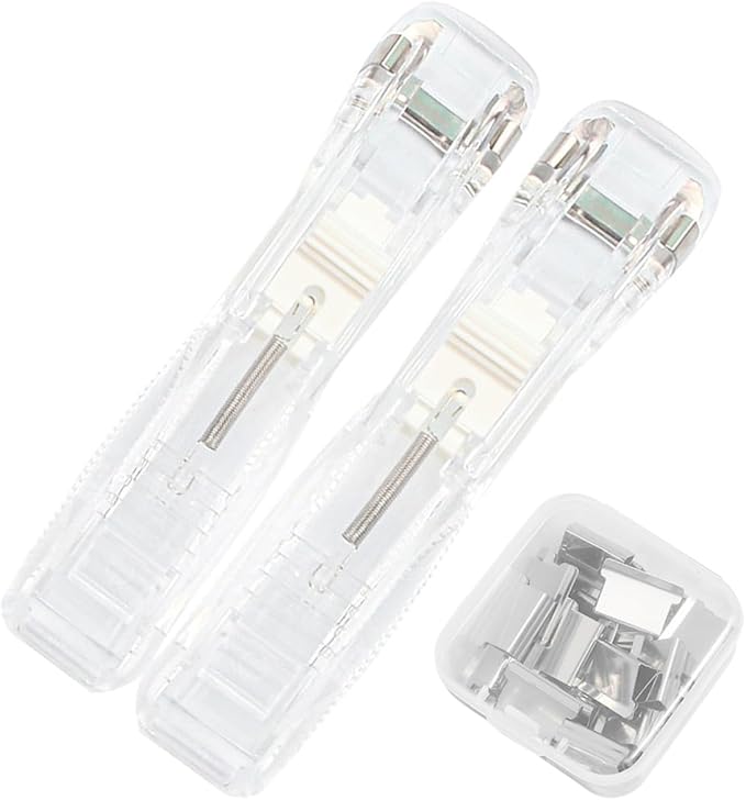 Yardwe Portable White Reusable File Stapler Set with Supplement Clips, Small No-Staple Binding Machine for Document Organization and Paper Fastening, Office Desktop Stapler for Students