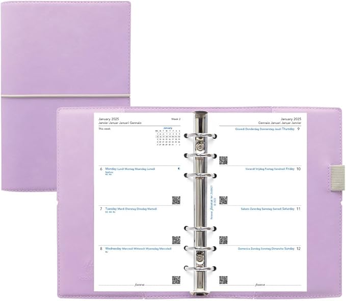 Filofax Domino Soft Organizer, Personal Size, Orchid - Smooth, Leather-Look, Grain Effect, Tactile, Six Rings, Week-to-View Calendar Diary, Multilingual, 2025 (C022607-25)