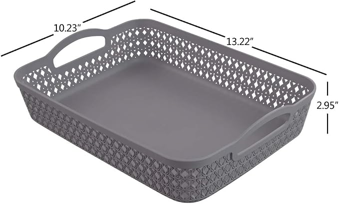 Kekow Plastic Storage Tray Basket with Handle, Set of 6, 13.22" x 10.23" x 2.95", Gray