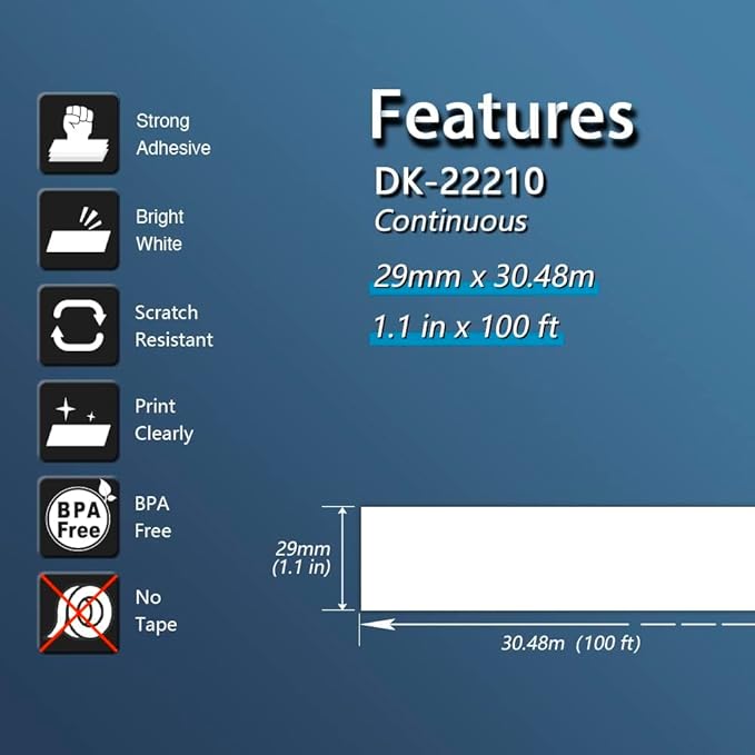 BETCKEY - Compatible Continuous Labels Replacement for Brother DK-2210 (1.1 in x 100 ft), Use with Brother QL Label Printers [10 Rolls + 2 Reusable Cartridges]