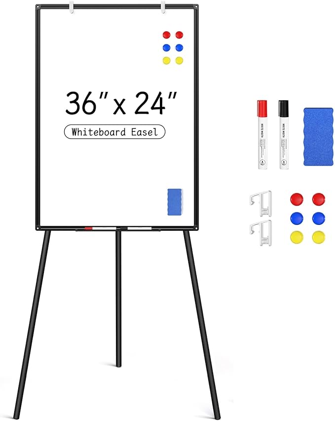 Magnetic Whiteboard Easel Stand, Dry Erase 36 x 24 White Board with Height Adjustable Tripod Stand, 3' x 2' Flipchart Easel Stand Presentation Board with Black Frame, 6 Magnets, 1 Eraser, 2 Pens