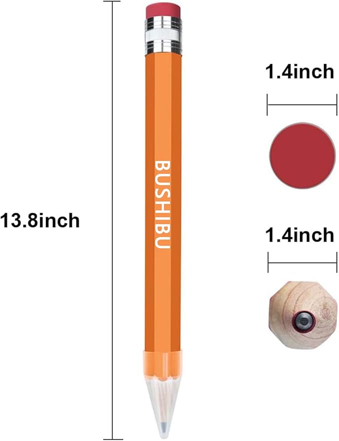 BUSHIBU Wooden Jumbo Pencils for Prop/Gifts/Decor - 14 Inch Funny Big Novelty Pencil with Cap(Orange Red) for Schools and Homes