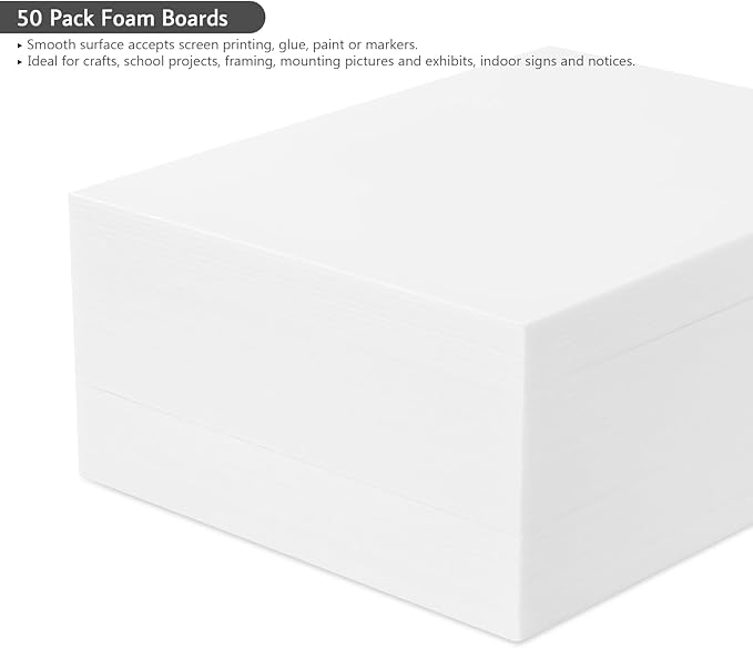 50 Pack White Foam Board for Projects, 11 x 13.7Inch Foam Core Baking Board Mat Board Center, 1/8Inch Thick Polystyrene Foam Sheet for School, Presentation, Signage & Art Crafting