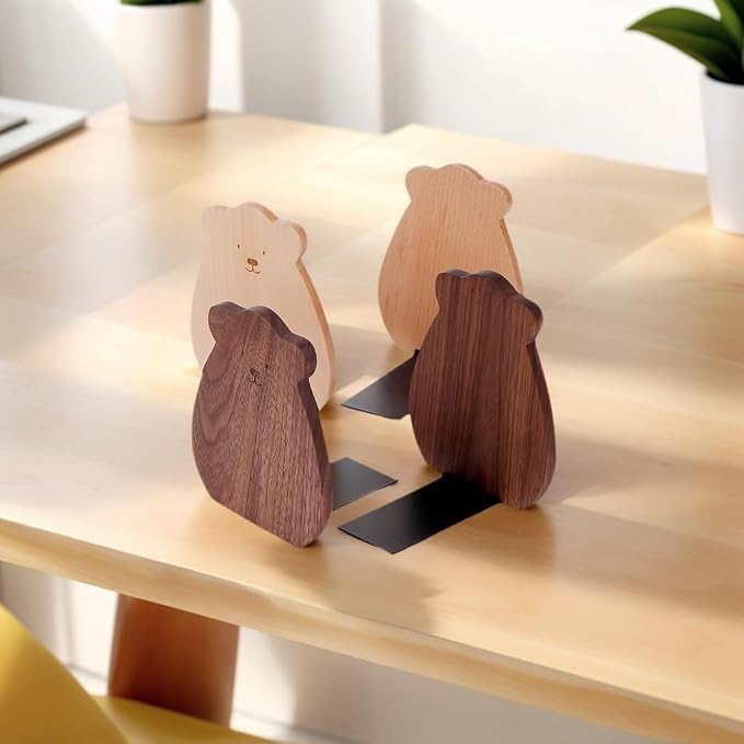 Cute Bear-Shaped Book Ends for Shelves, Detachable Design Bookends for Heavy Books, with Anti-Slip Foam Pads, an Ideal Gift for Book Fans (Pack of 2,Black Walnut Wood Bear)