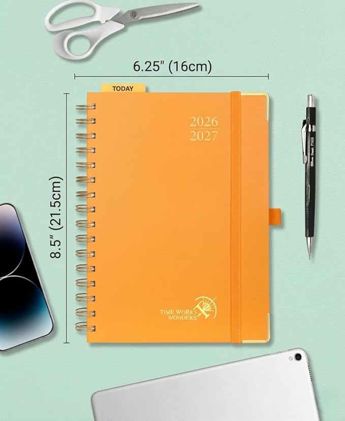 POPRUN 2026-2027 Academic Year Weekly and Monthly Planner Calendar,Jul 2026 - Jun 2027，6.25" x 8.5",Daily Agenda Book & Appointment Book with Hourly Schedule, Tabs, Hardcover, School and Office Supplies - Orange
