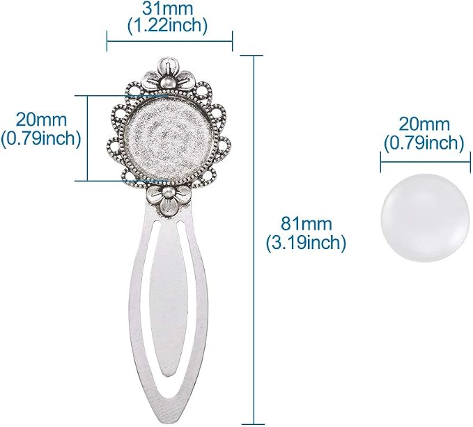 FASHEWELRY 20Pcs Antique Silver Bookmark Pendant Tray Kit Include 10Pcs 3/4 Inch Flower Round Blank Bezel Base Setting Charms with 10Pcs Clear Glass Dome Tiles Cabochons