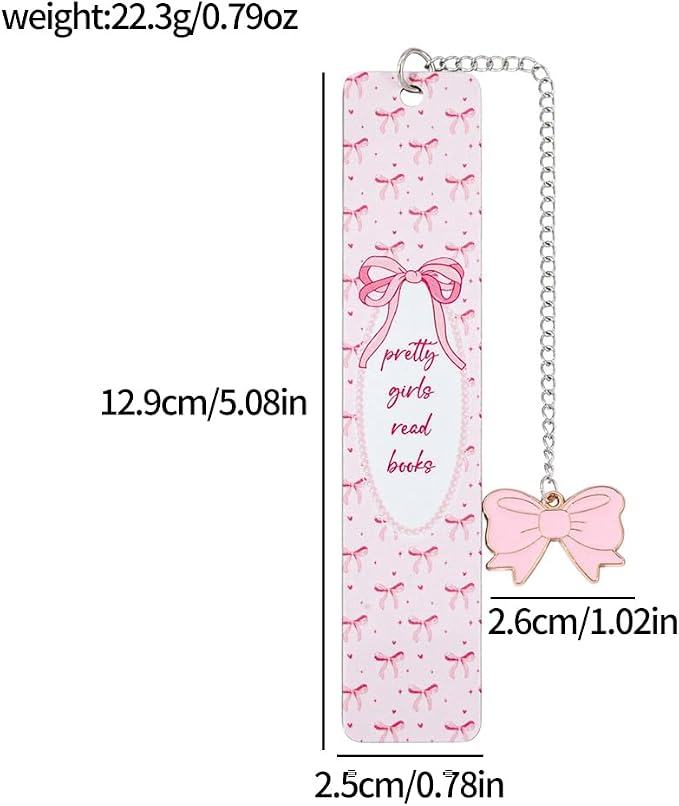 Pink Bow Metal Bookmark Gift Silver Chain Pendant with Bow for Women's Christmas Gift Book Lover Book Accessories School Supplies Office Stationery (Pink Bow)