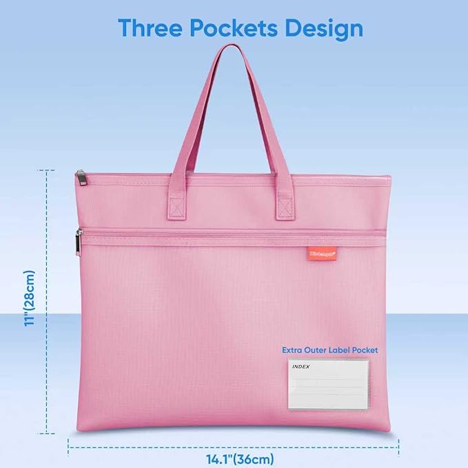 Wisdompro Waterproof Zipper Pouch, Large Mesh File Bag with Handle, Durable Triple Pocket Document Storage for Cross Stitch, Puzzle Project, Travel and Office - Pink