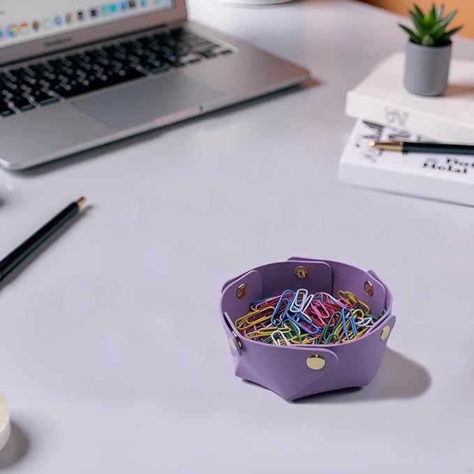 URSUN 3 Pack Cute PU Leather Paper Clip Holder for Desk, Aesthetic Valet Tray for Binder Clips, Hair Accessories, Decorative Small Desk Organizer for Home Office School (White, Purple, Pink)