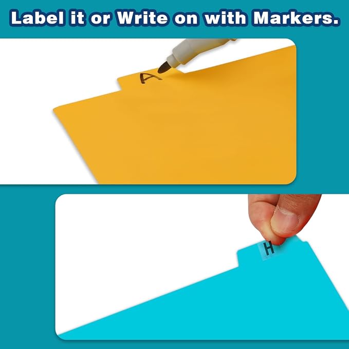 Chell 5x8 Plastic Index Card Dividers, Heavyweight Poly Index Card Guides A-Z for Flash Cards and Recipe Cards, with Alphabetical/Blank Stickers, Pack of 50