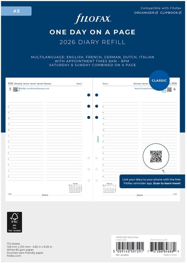 Filofax Calendar Diary Refill, A5 Size, Day on One Page with Appointments, White Paper, Multilingual: Five Languages, 2026 (C68515-26)