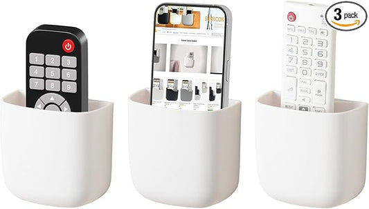 SUNFICON Wall Mount Remote Holder TV FAN Remote Control Holder Bedside Caddy Wall Organizer Phone Holder for Office Adhesive Media Player Controller Holder Box Tray Home Desk Nightstand White 3PACK