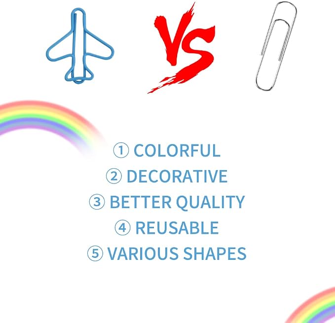 Vuzvuv 100Pcs Rainbow Creative Plane Paper Clips Assorted Colors Cute Metal Plane Shaped Bookmark Clips for Party Invitation Card Student Kids Gift Notebook Office Accessories Document Organization