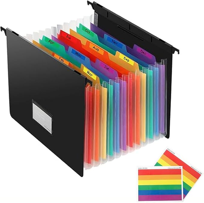 Expanding Hanging File Folders Extra Capacity Filing Folders 13 Accordion Pockets Accordian Plastic Heavy Duty Black Organizer File